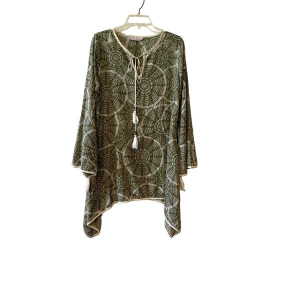 Wednesdays Give Back Boho Green Cream Tunic Mini Dress Womens Medium Bell Sleeve - Picture 1 of 6
